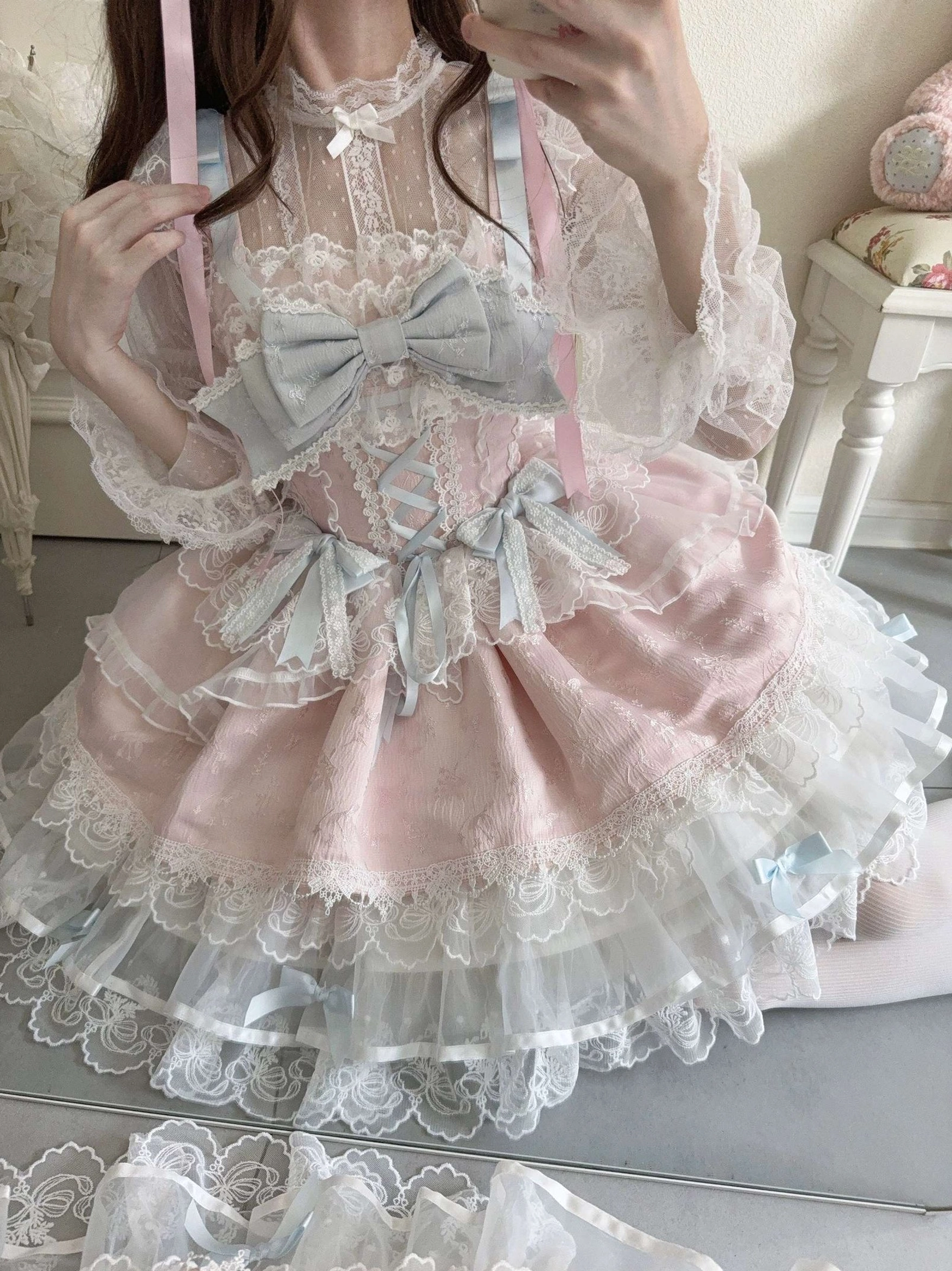 Sweet lolita ballet JSK neckline detail halter style lace framing decorative trim construction