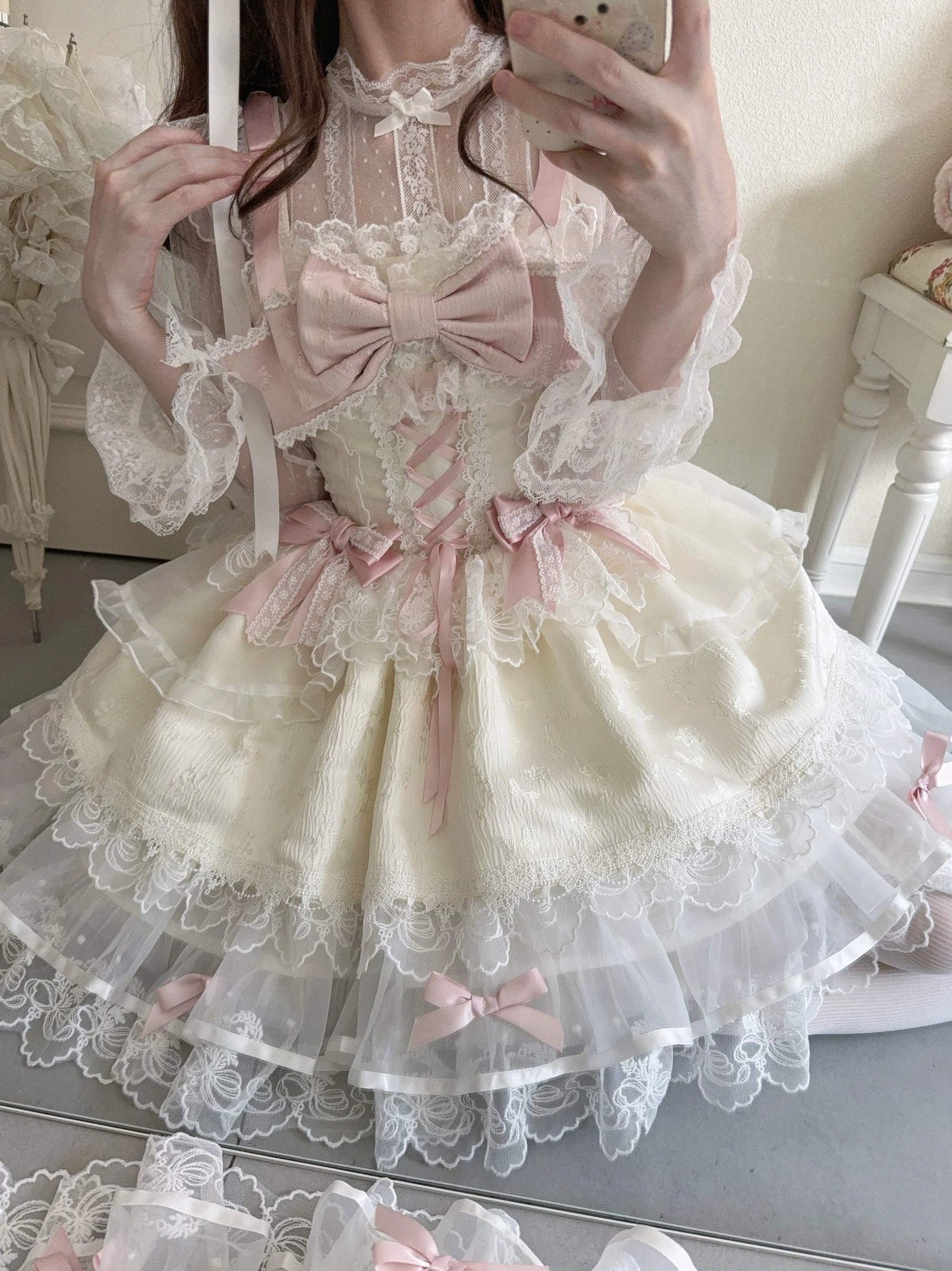 Sweet lolita ballet-style jumper dress JSK photoshoot styling artistic pose elegant aesthetic