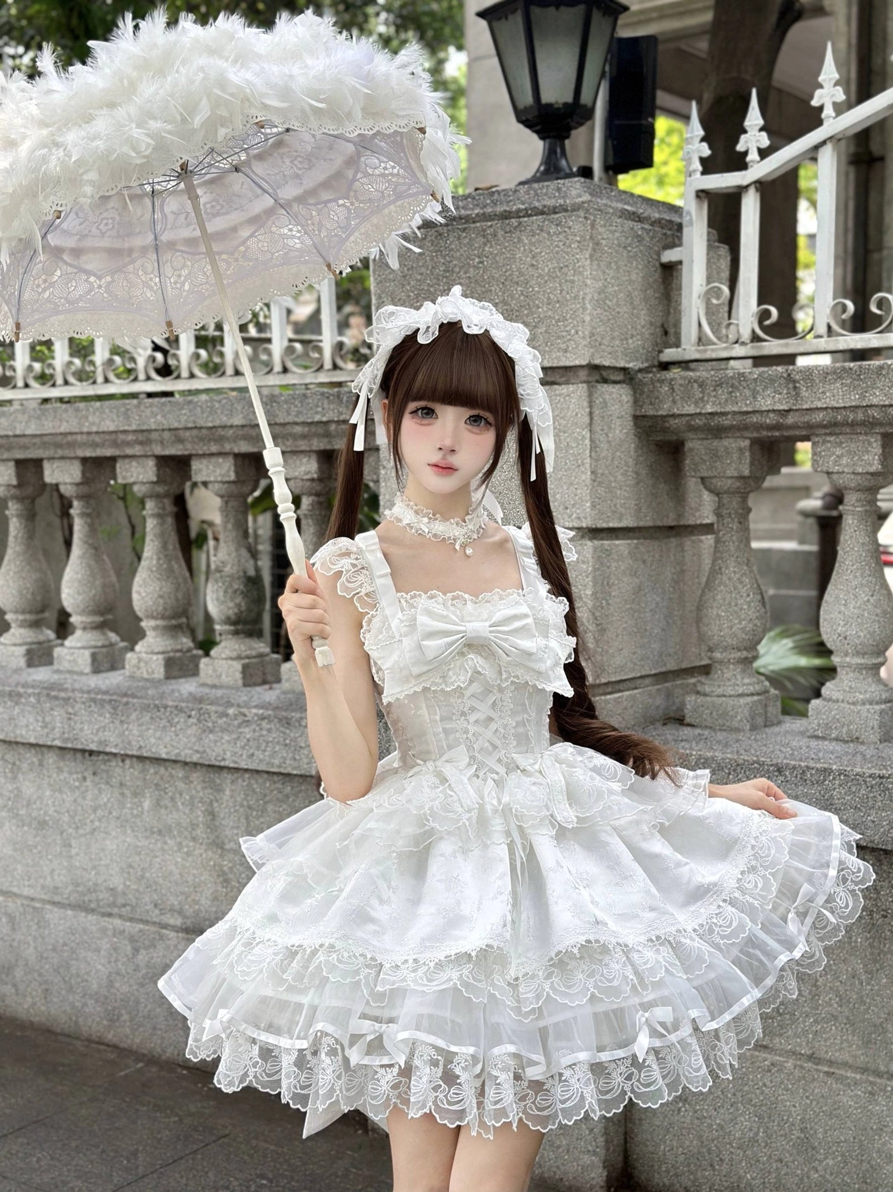 Sweet lolita ballet JSK red color variant dress form front view large bow accent lace details