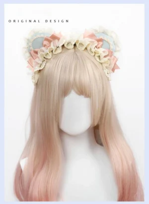 Sweet Lolita bear ear hair hoop with light blue ears, cream ruffled lace trim and pink bow decoration on mannequin with blonde-pink gradient wig