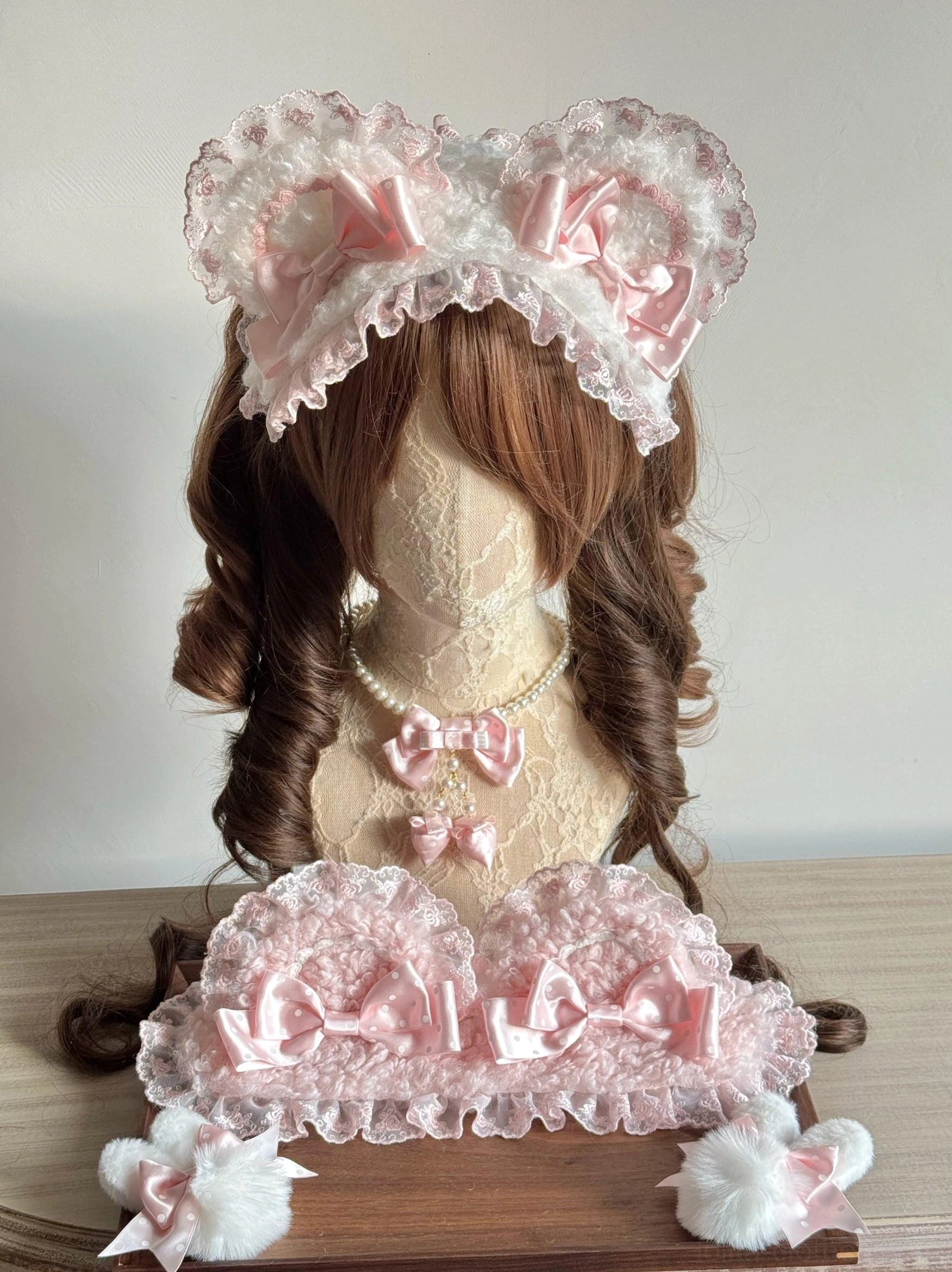 Sweet lolita handmade bear ear lace headband with pink-white ruffled lace and coordinating hair clips neck bow accessory set studio display