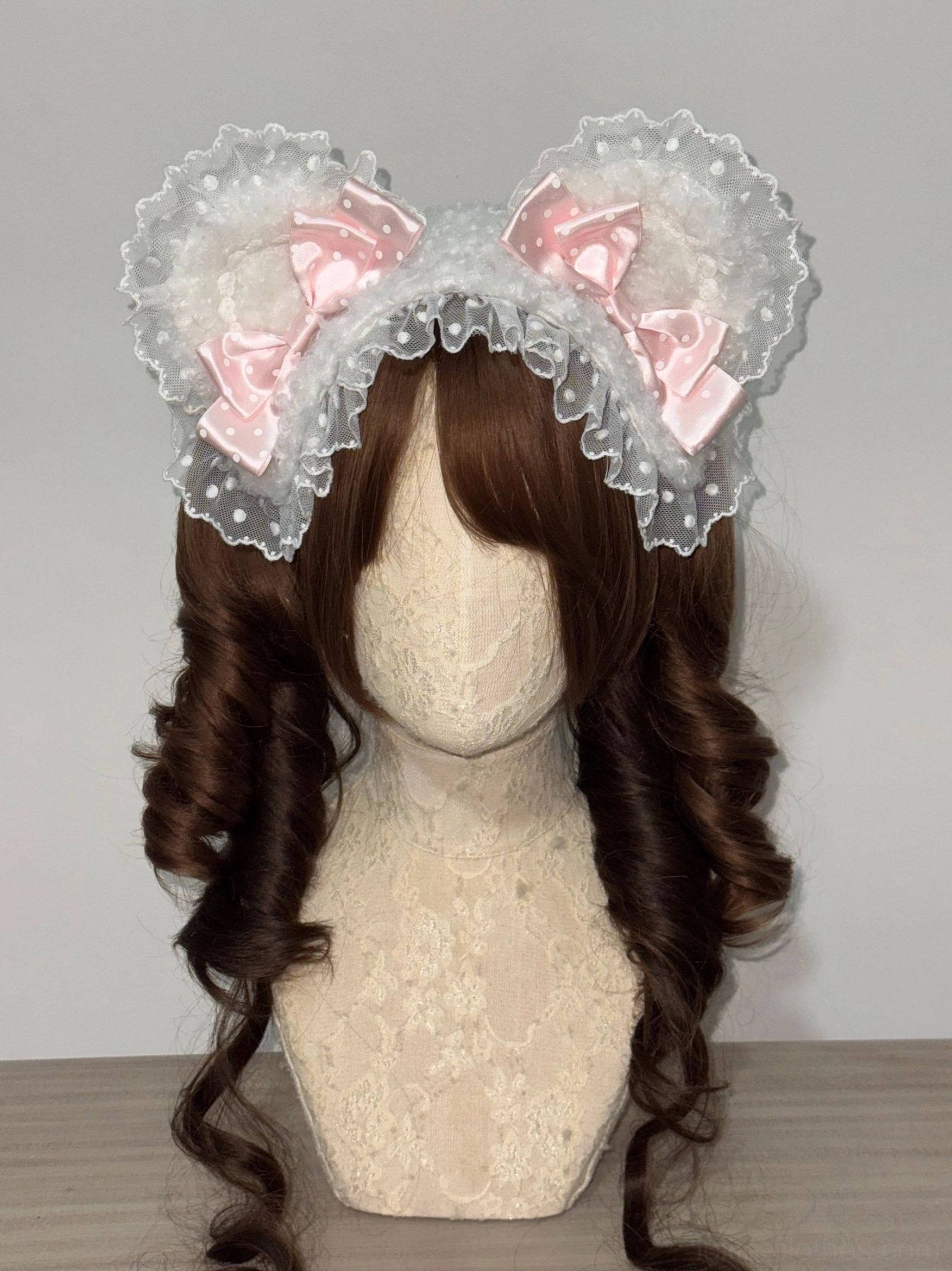 Sweet lolita bear ear lace headband white color fluffy ruffled lace delicate satin bows kawaii design full view