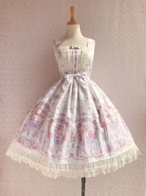 Sweet Lolita beige printed JSK dress full front view sleeveless with pink purple vintage floral print large front waist bow and ruffled lace hem