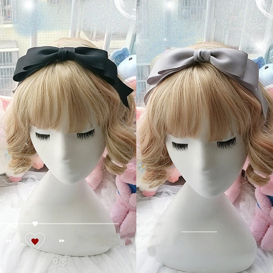 Black sweet lolita hair bow clip KC accessory matte satin fabric frontal display on mannequin with blonde wig