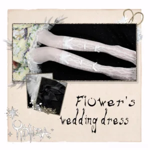 Sweet lolita black and white bow pantyhose flat lay with vintage wedding dress themed background and decorative lace accents
