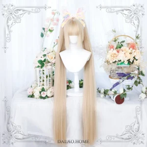 Light golden blonde sweet lolita wig with simple ponytails displayed on mannequin in pastoral fairy garden setting with flowers and birdcage