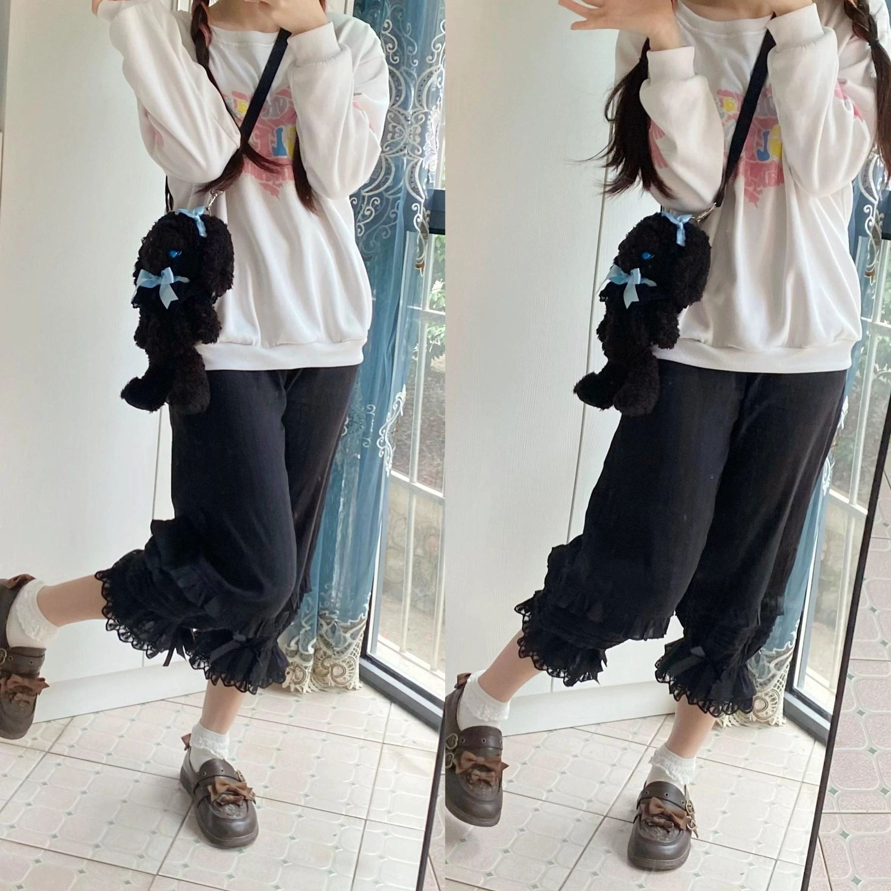 Complete sweet lolita styling coordinate featuring accordion pleats lace ruffles satin bows bloomers worn with full sweet lolita outfit ensemble and accessories