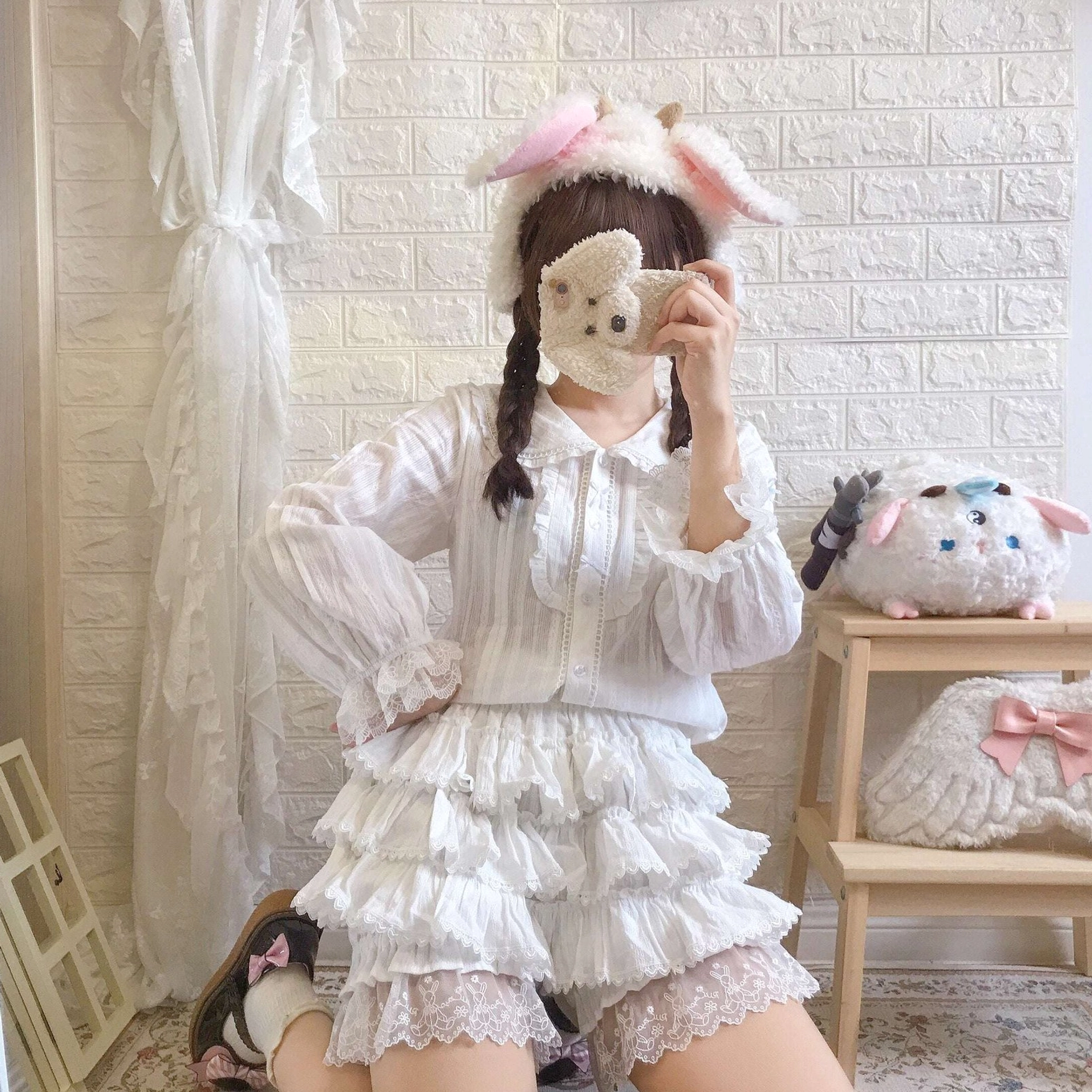 Sweet lolita bloomers fabric detail showing soft cotton material texture, elastic waistband construction, and double-sided ruffle design for comfortable all-day wear