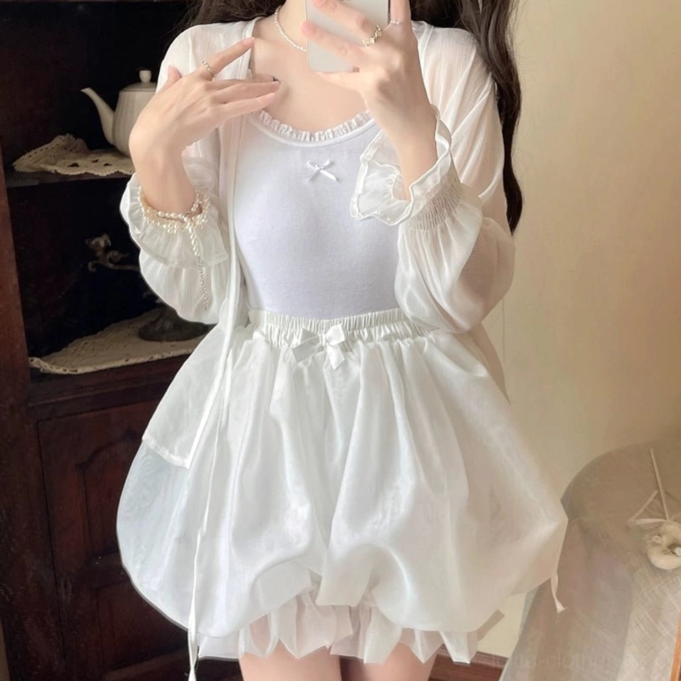 Sweet lolita bloomers complete outfit with fitted ruffled camisole tiny bow neckline and sheer organza cardigan full body styling view