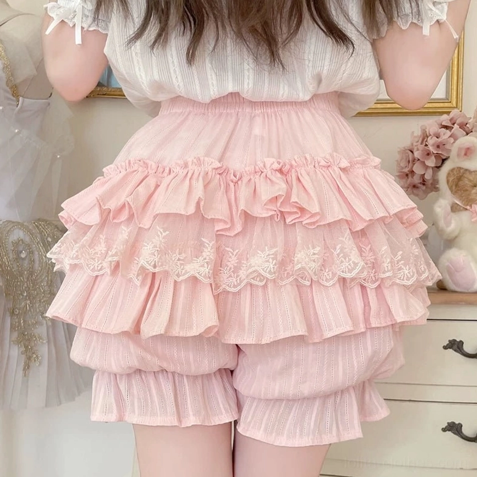 Sweet lolita cotton bloomers lace splicing detail precision construction delicate lace trim integrated throughout ruffle tiers texture contrast quality craftsmanship