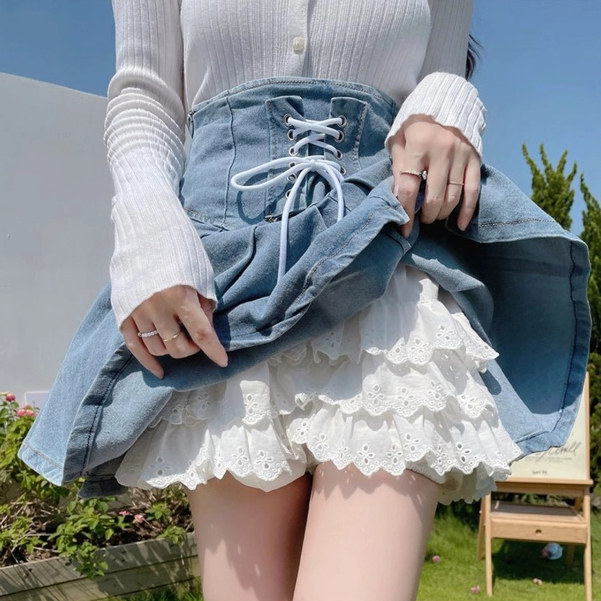 Sweet Lolita bloomers featuring multi-layered tiered lace hem and soft fabric perfect for all-day Lolita coordinates