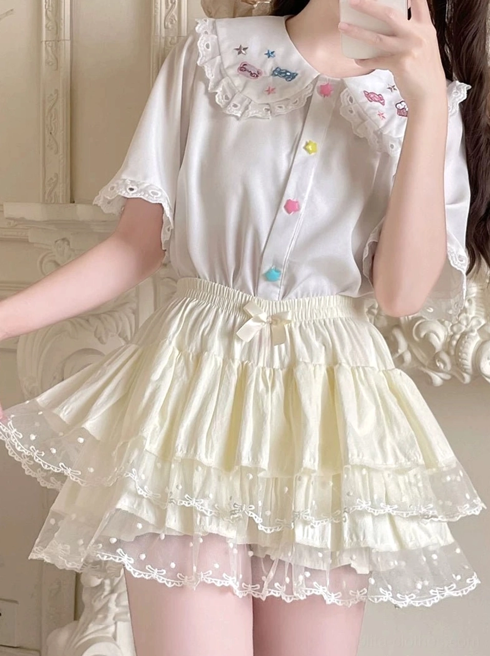 Sweet Lolita bloomers multiple angle display showing front back and side views of tiered multi-layer ruffles elastic waist bow and complete silhouette construction from comprehensive perspectives