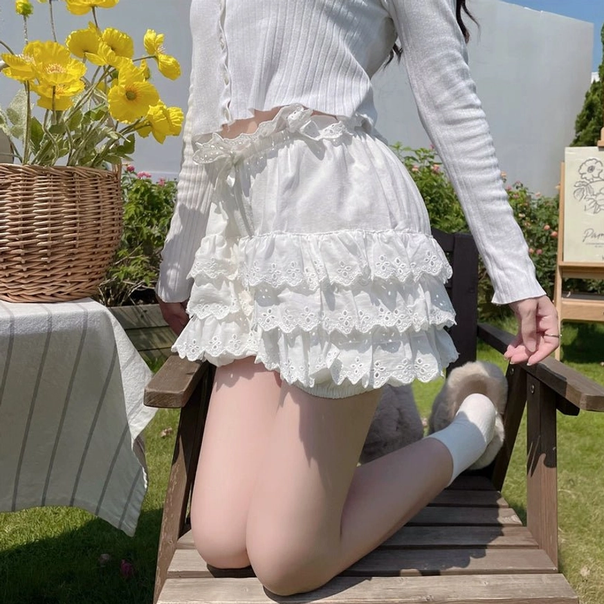 Sweet Lolita tiered lace bloomer shorts with front waist bow detail and layered cake hem silhouette