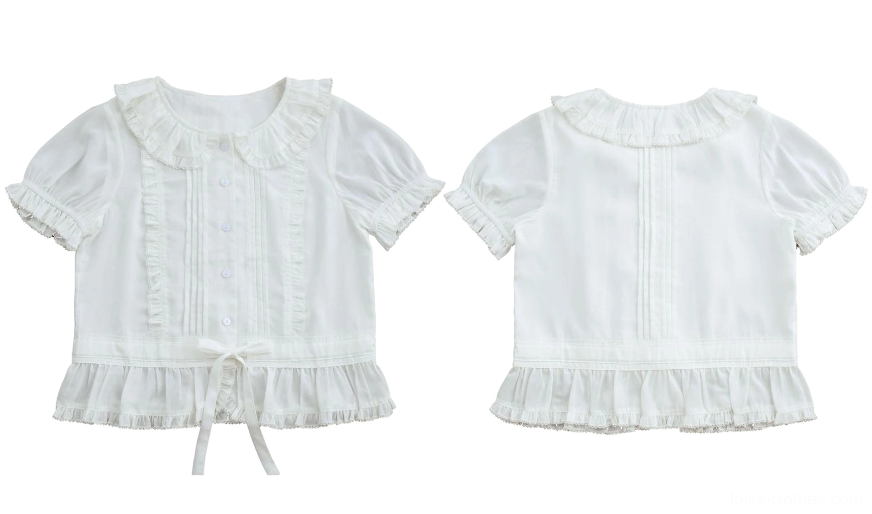 Sweet Lolita blouse front button placket and waist detail showing drawstring waist closure, button front fastening, and ruffled hem flounce construction