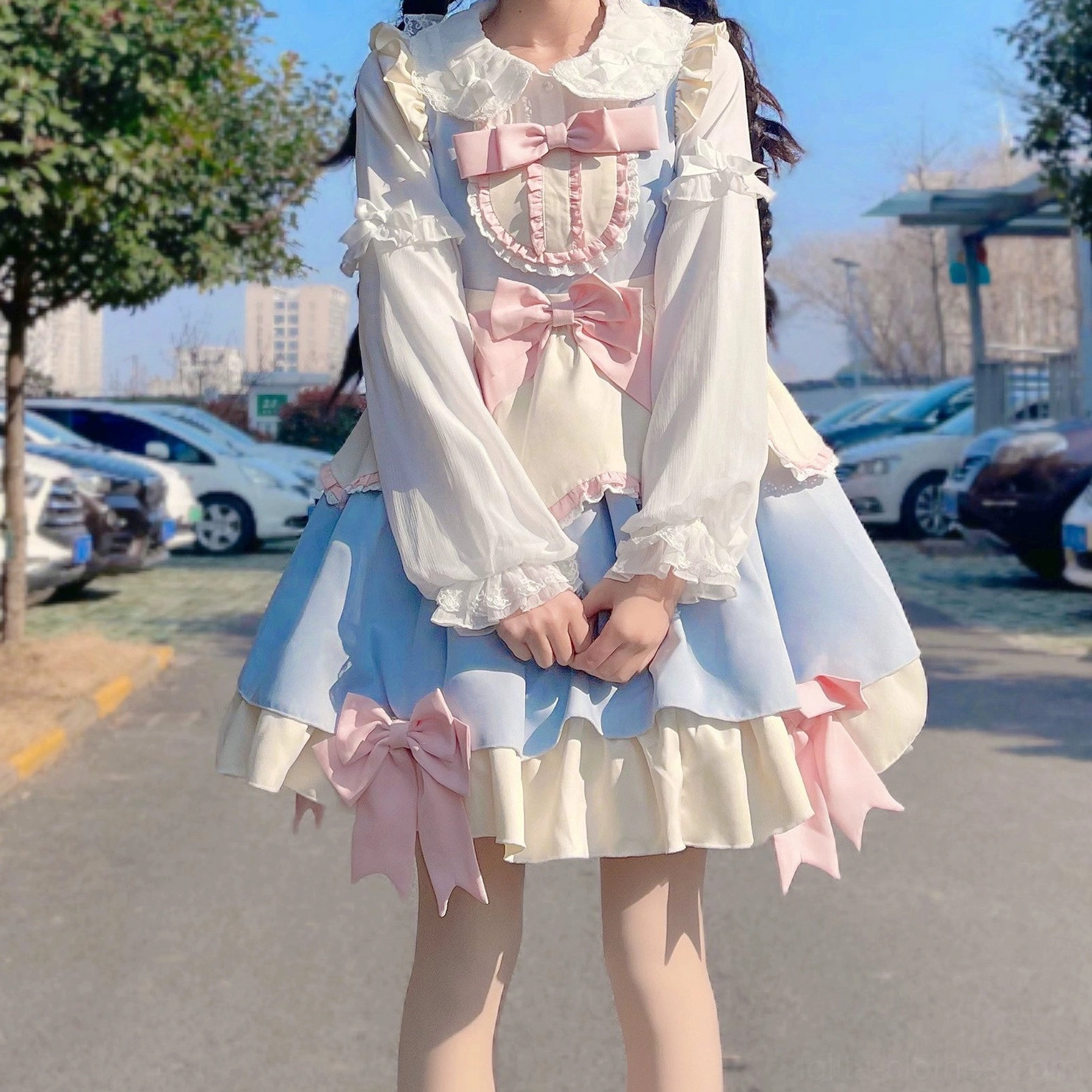 Sweet Lolita blouse chiffon fabric texture and drape demonstrating quality material composition and ethereal movement characteristic of authentic Lolita garments