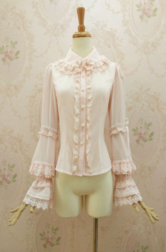 Sweet lolita blouse front view classic tailored shirt collar ruffle overlay neat button placket ruffle frills fitted slim cut