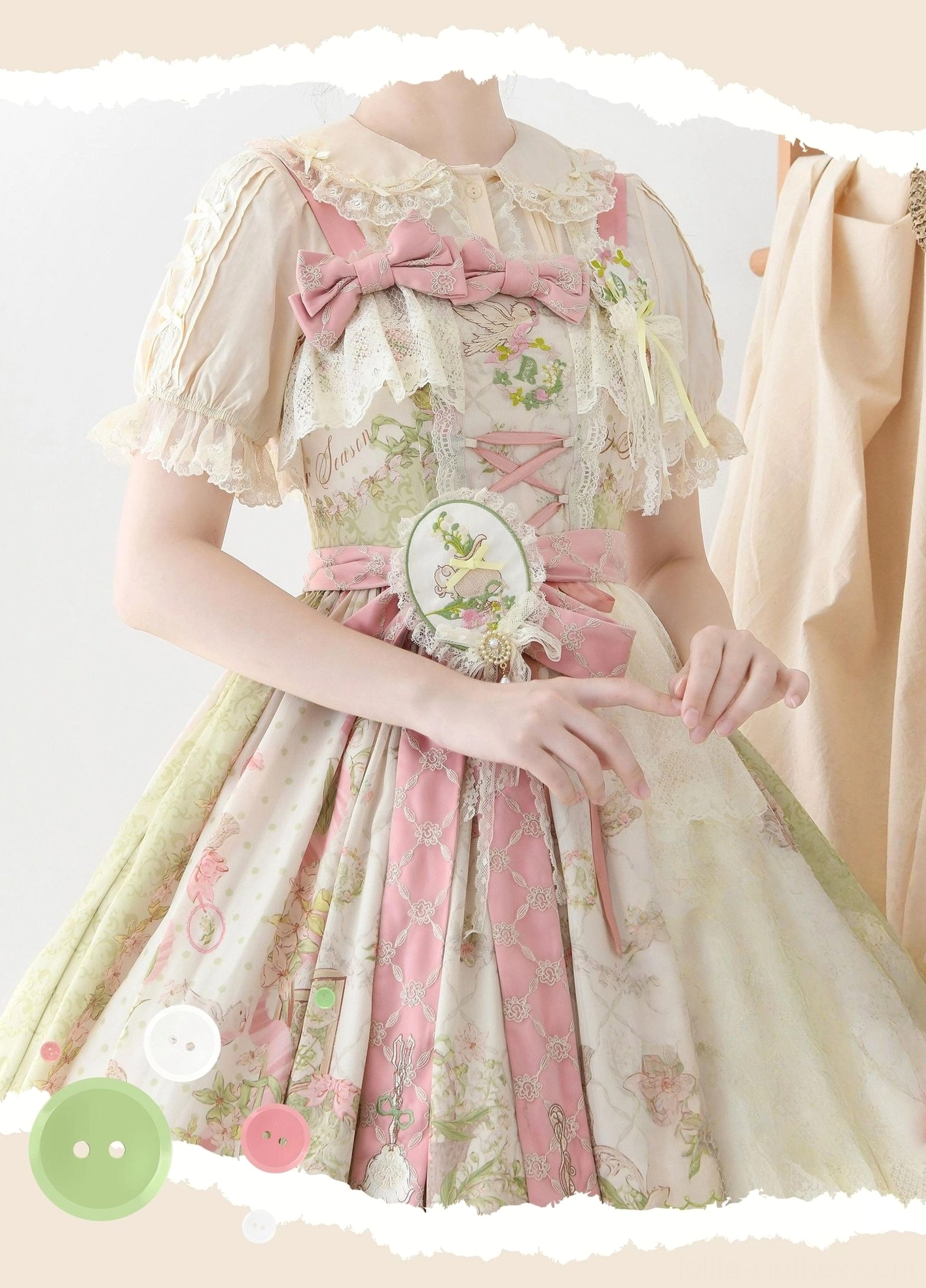 Color palette showcase of sweet lolita blouse available in white pink blue yellow lavender beige options