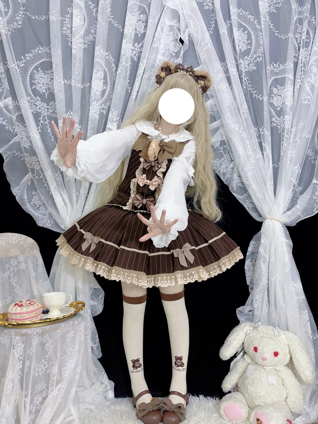 Complete front silhouette of sweet Lolita blouse with Peter Pan collar, lace trimmings, double puff sleeves and decorative bow elements showcasing overall design composition