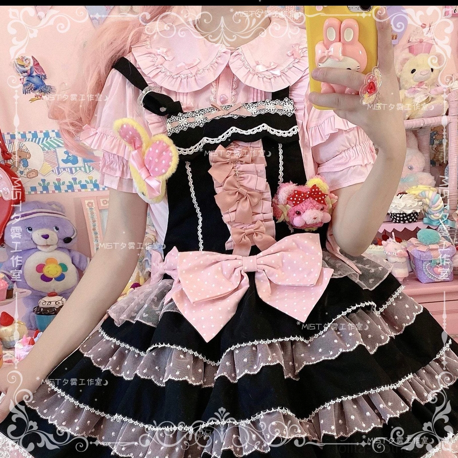 Sweet lolita blouse styling with coordinating skirt headbow and mary jane shoes showing complete outfit aesthetic pairing