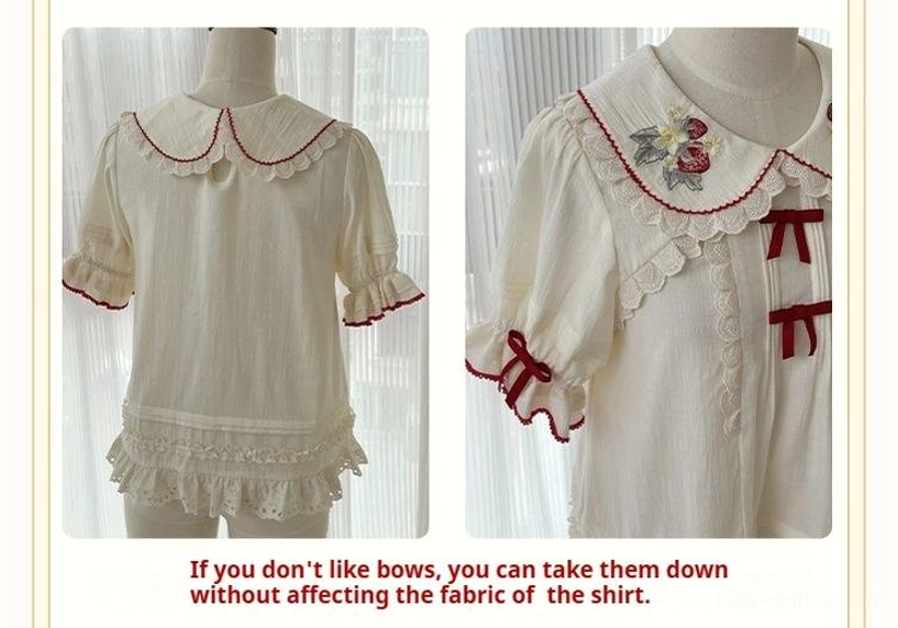 Back and front mannequin display comparison of ivory sweet lolita blouse showing removable red ribbon bow detail and lace-trimmed collar construction