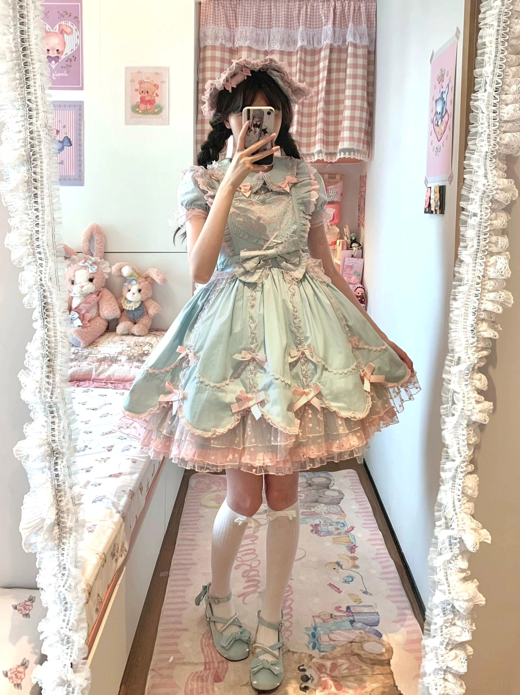 Sweet Lolita dress blouse detailed embroidery showing heart motifs and delicate lace work