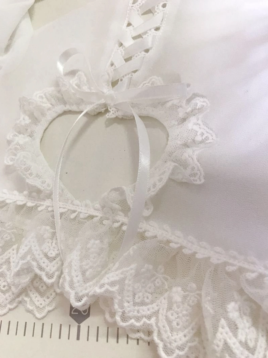 Sweet lolita blouse front detail heart shaped lace trim satin ribbon bow lace up shoulder scalloped hem