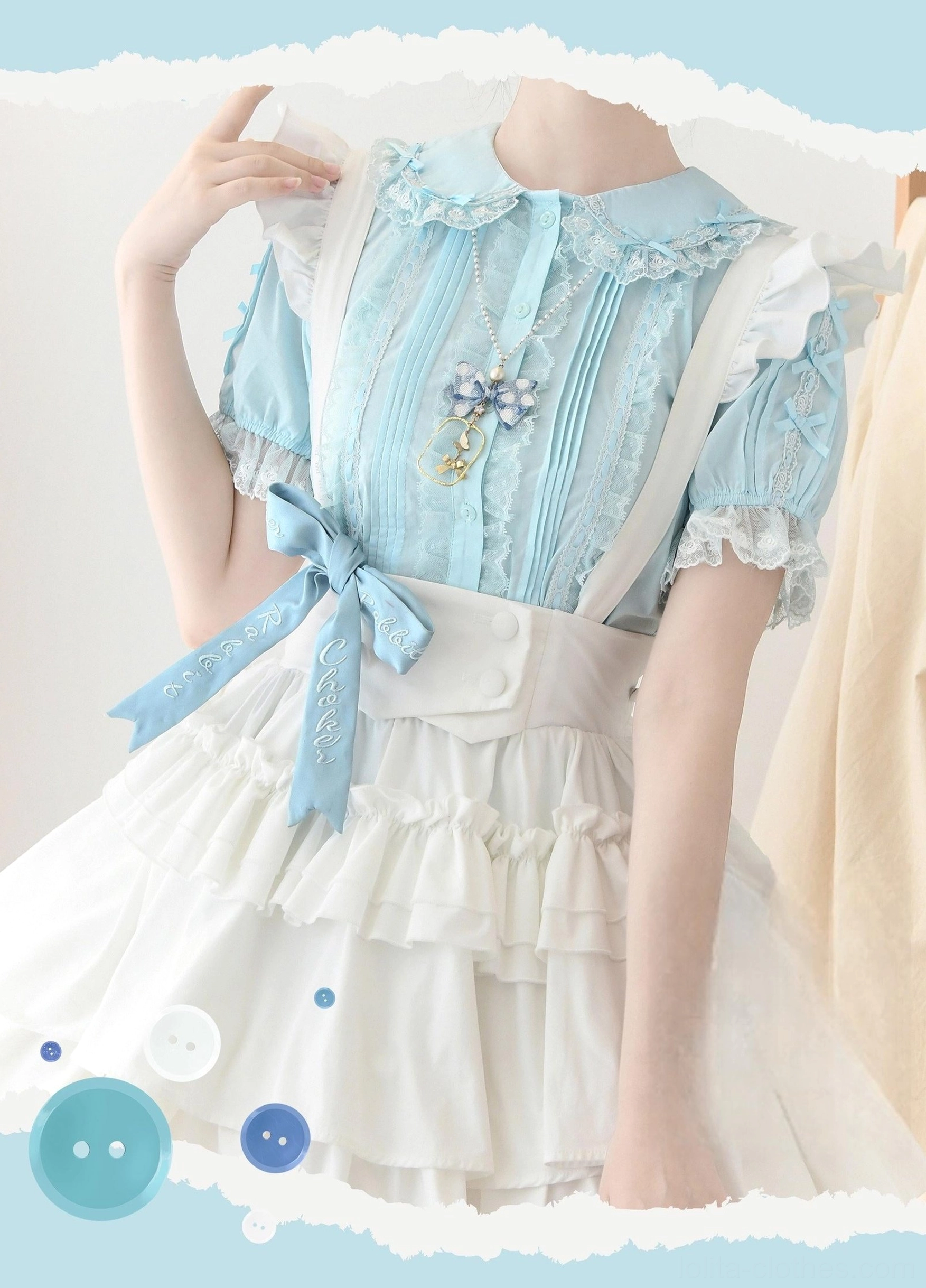 Sweet lolita cotton blouse in multiple colors showing detail of lace trims bow decorations and collar construction