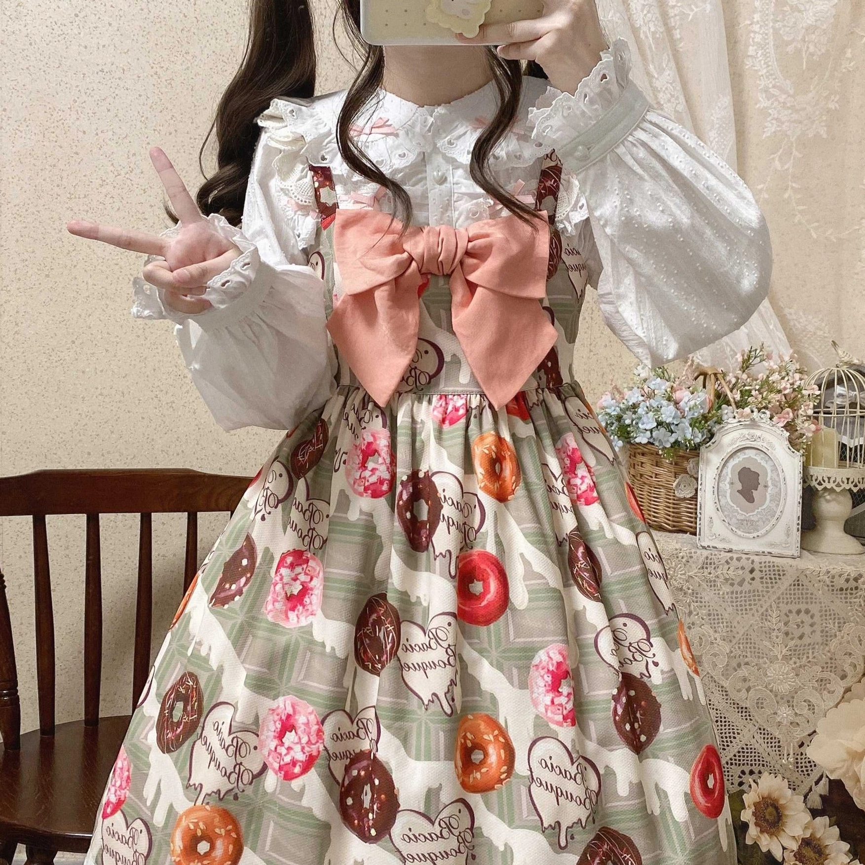 Sweet lolita blouse doll collar with layered ruffles and lace embellishments vintage home display