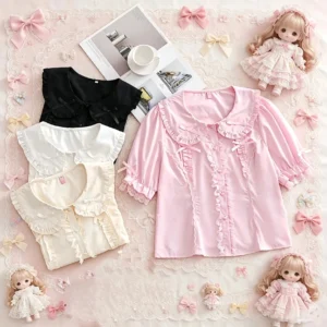 Sweet lolita blouses collection display with Peter Pan collar and stand collar options in pink white beige and black with heart-shaped buttons ruffled trims and bow decorations arranged with lolita accessories and dolls