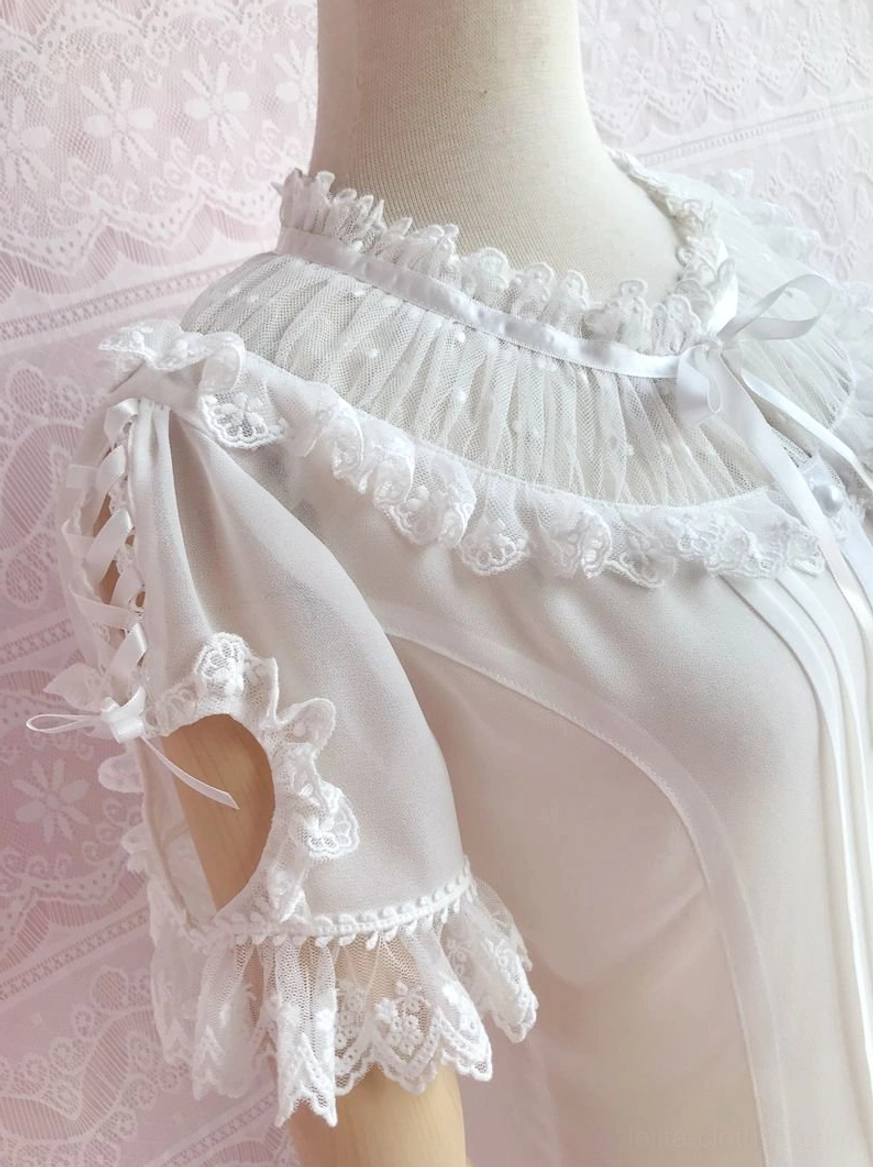 Sweet lolita blouse neck and sleeve detail mesh ruffled neckline satin bow lace trimmed cuffs
