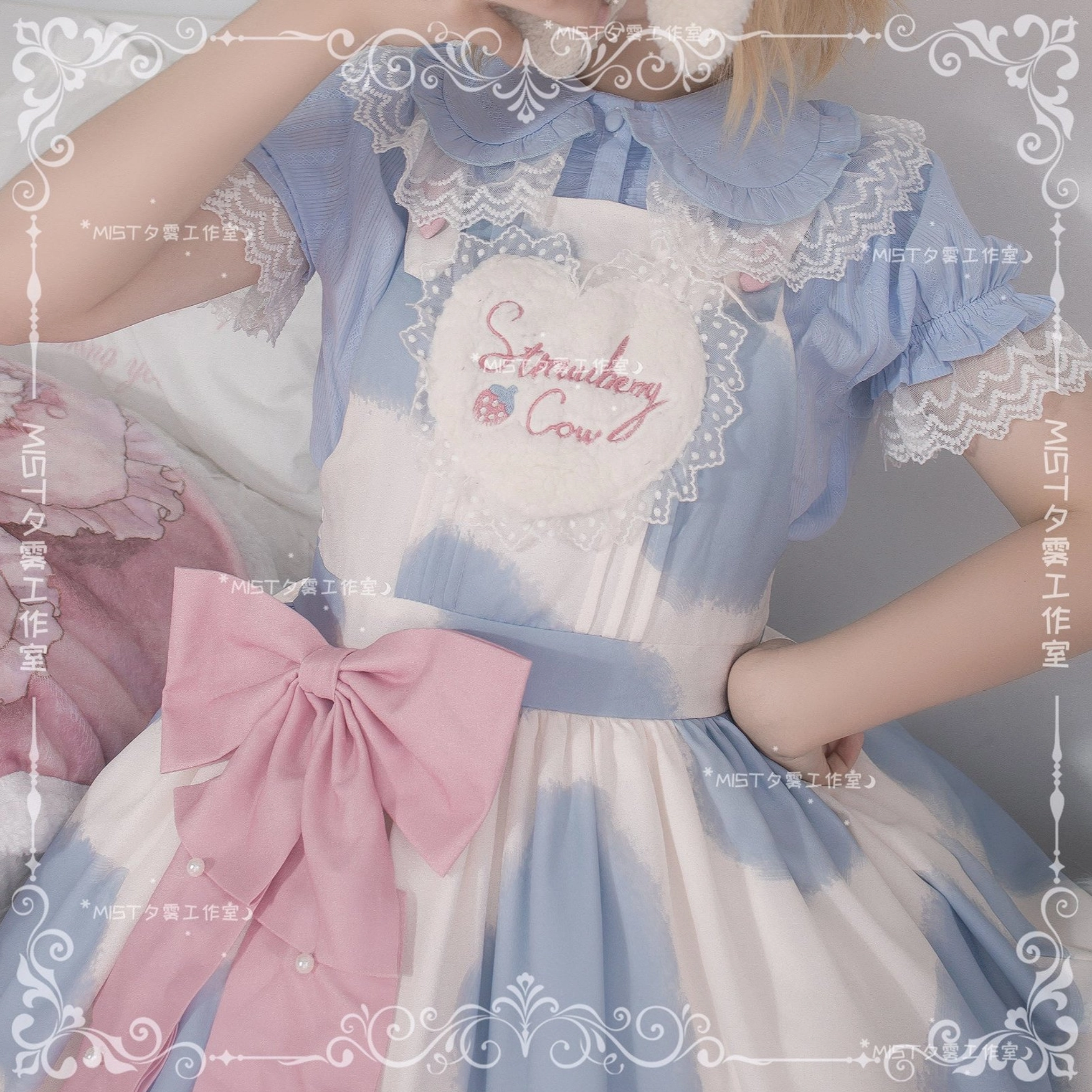 Lolita peter pan collar short sleeve blouse puff sleeves lace collar ruffled detail front button placket view