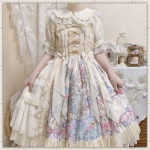 Sweet lolita short sleeve blouse peter pan collar lace trim full front mannequin display studio tabletop shooting