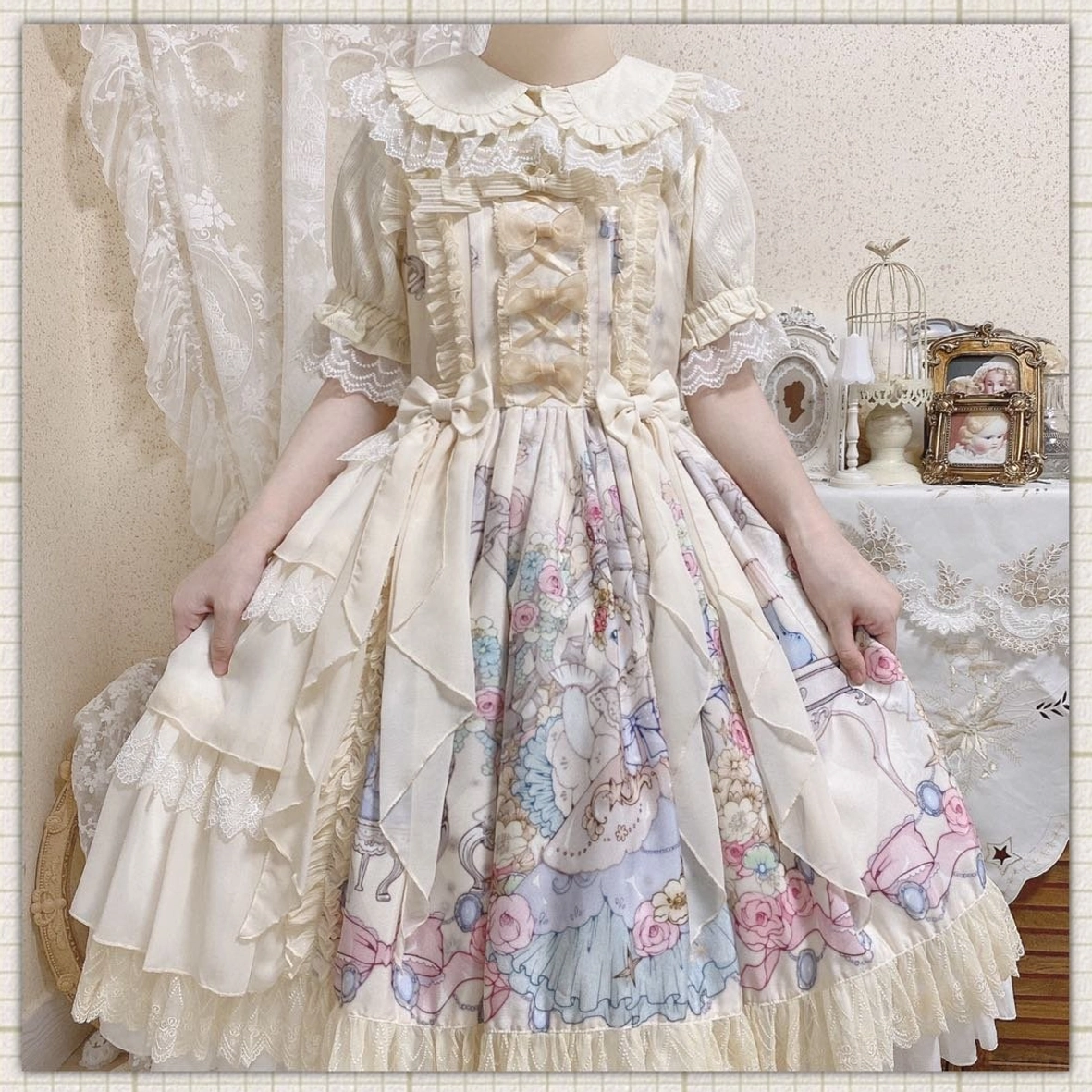 Sweet lolita short sleeve blouse peter pan collar lace trim full front mannequin display studio tabletop shooting
