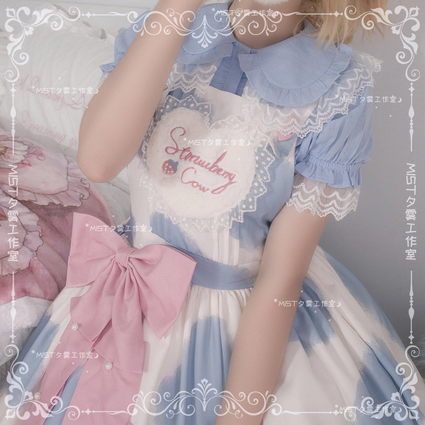 Sweet lolita short sleeve blouse peter pan collar lace trim puff sleeves pure cotton fabric quality close-up