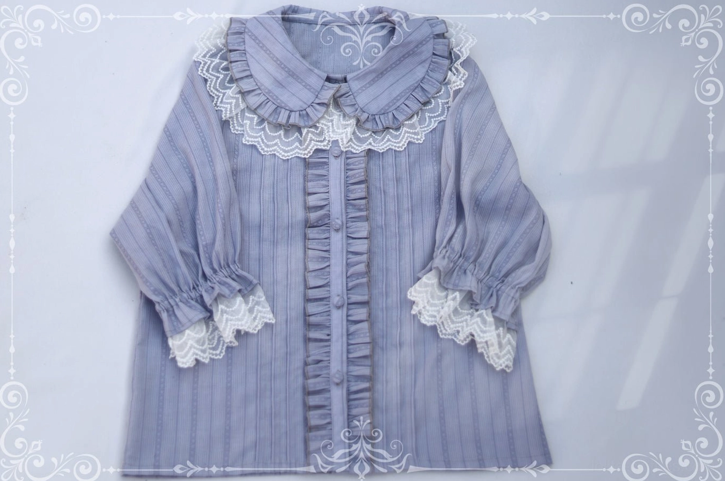 Sweet lolita short sleeve blouse peter pan collar puff sleeves lace collar ruffled detail front angle display shot
