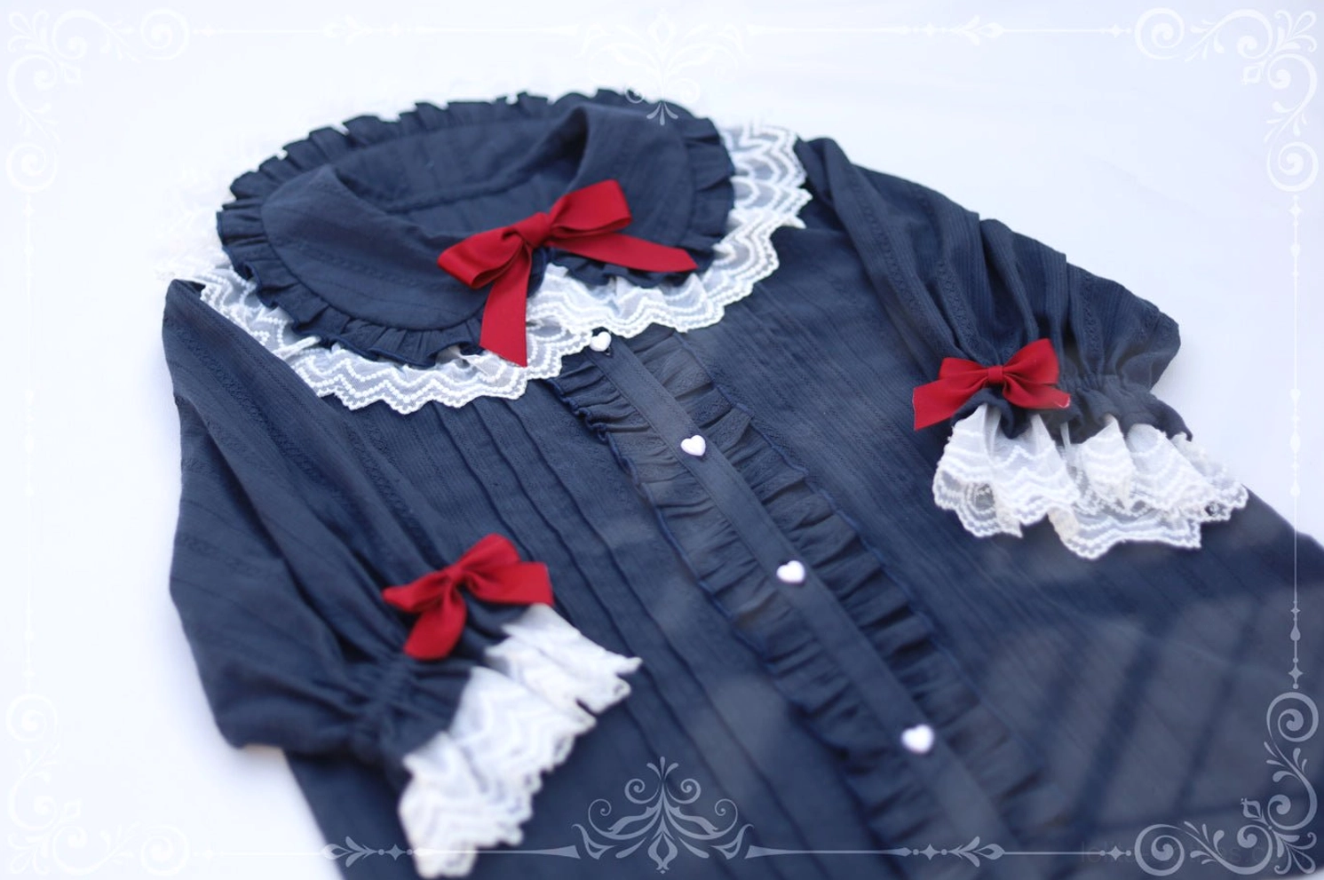 Lolita peter pan collar short sleeve blouse pure cotton puff sleeves lace collar ruffled detail front angle shot