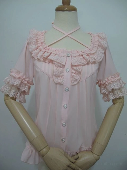 Soft pink chiffon lolita blouse front full view with jointed mannequin hands showing lace ruffled trims and front button placket