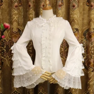 Enchanted ruffled stand collar sweet lolita blouse with tiered princess sleeves front view white color dress form vintage curtain backdrop
