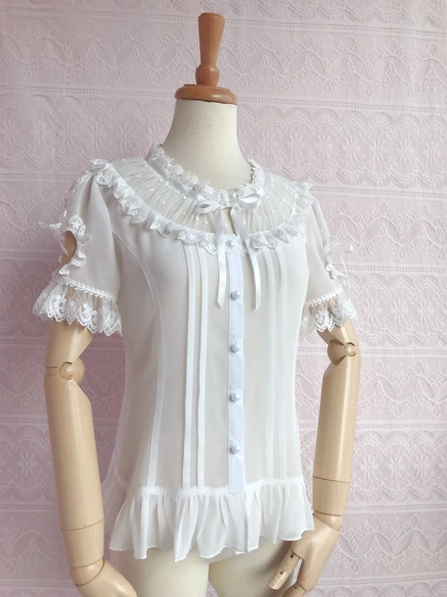 Sweet lolita short sleeve blouse three quarter view vertical bodice pleats pearl buttons sheer chiffon