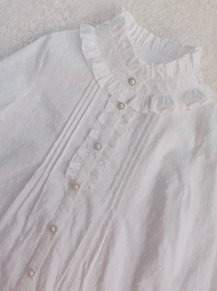 Sweet lolita cotton blouse front three-quarter view dress form classic lolita silhouette ruffled collar bishop sleeves