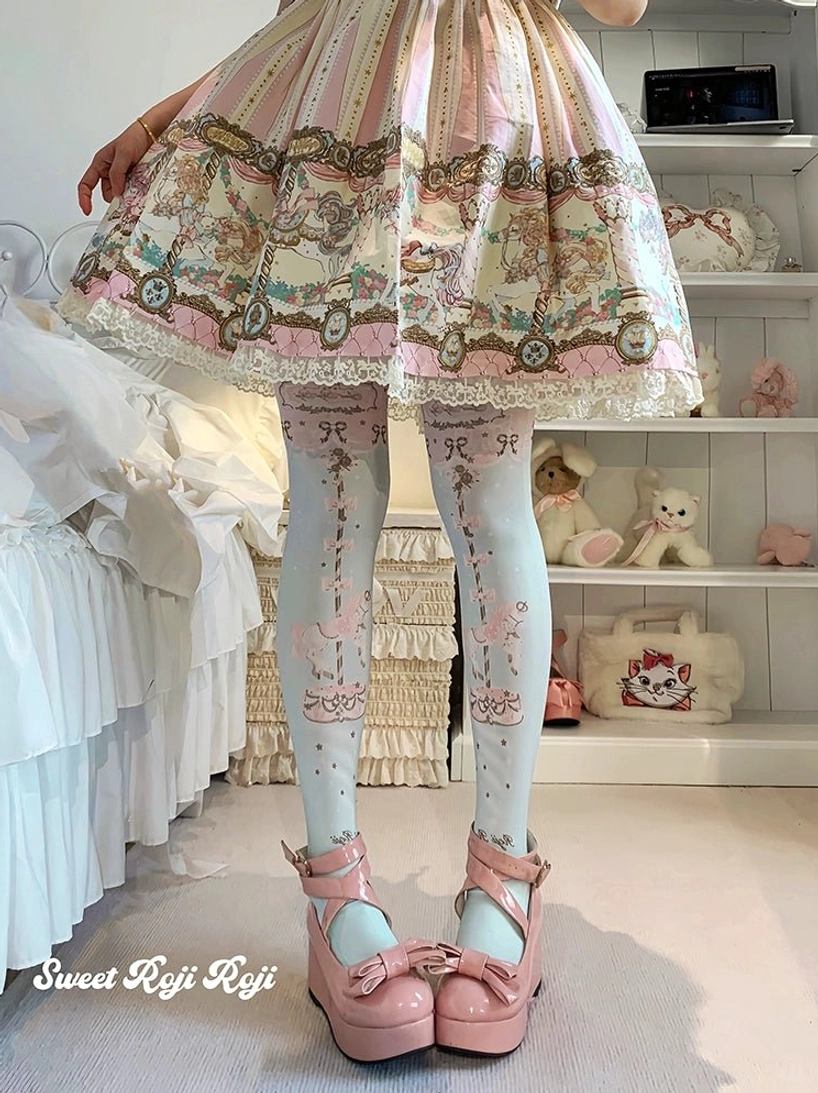 Sweet Lolita blue-green carousel velvet pantyhose on model wearing sweet Lolita coordinate with platform heels in adorable bedroom aesthetic