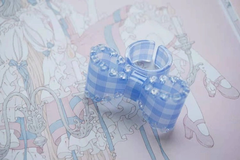 blue grid lolita bow ring gingham pattern glitter resin sweet fashion jewelry
