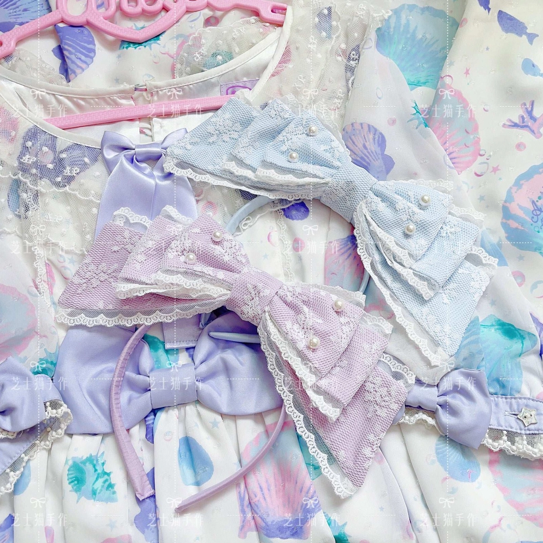 Blue sweet lolita pearl-adorned KC headband cool-toned color for coordinated lolita fashion looks