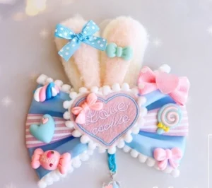 Blue pink sweet lolita heart badge love cookie embroidered candy bow decoration flat lay