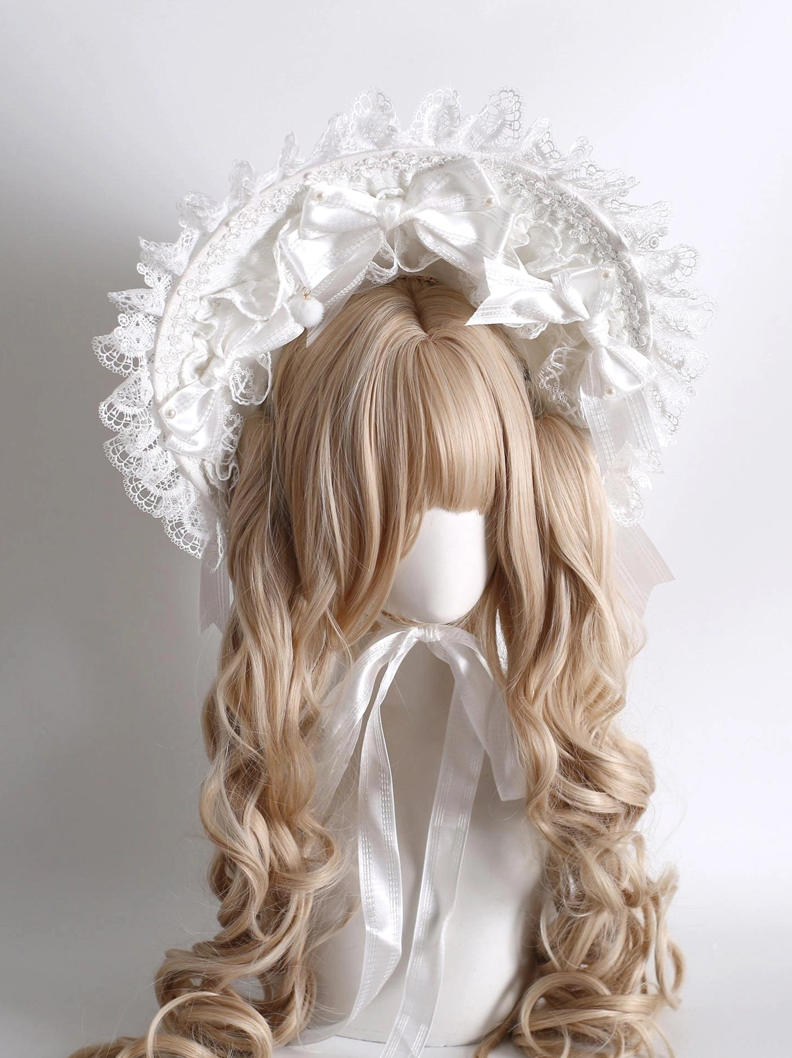 Sweet Lolita BNT big bonnet headdress with ruffled lace brim, coordinating satin bows and long satin neck tie straps, front view