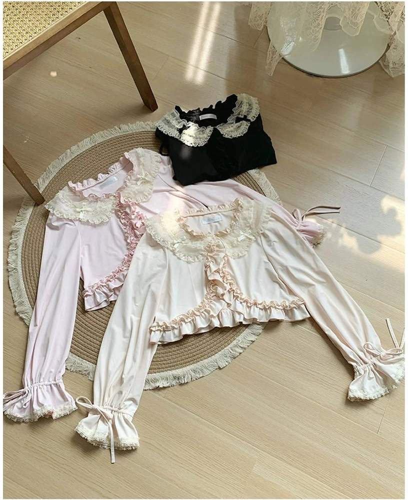 Three color variants sweet lolita bolero flat lay wooden floor display black pink ivory all color options cropped cardigan silhouette comparison
