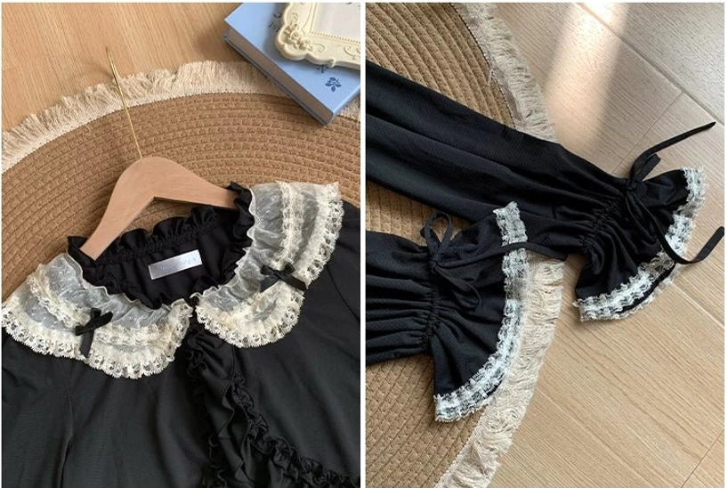 Sweet lolita sun protection bolero cropped cardigan additional angle showing lace ruffle construction adjustable drawstring cuffs puff sleeve design