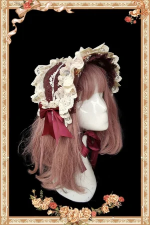 Sweet Lolita wine red bonnet with cream ruffled lace and large satin bow three-quarter view