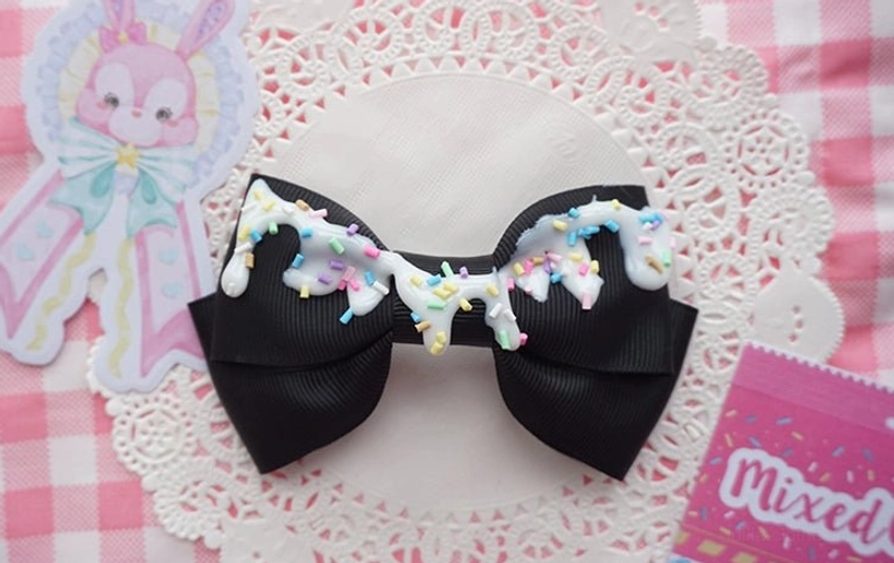 Black handmade sweet lolita bow hair clip with cream topping and sprinkles for elegant gothic lolita contrast elements
