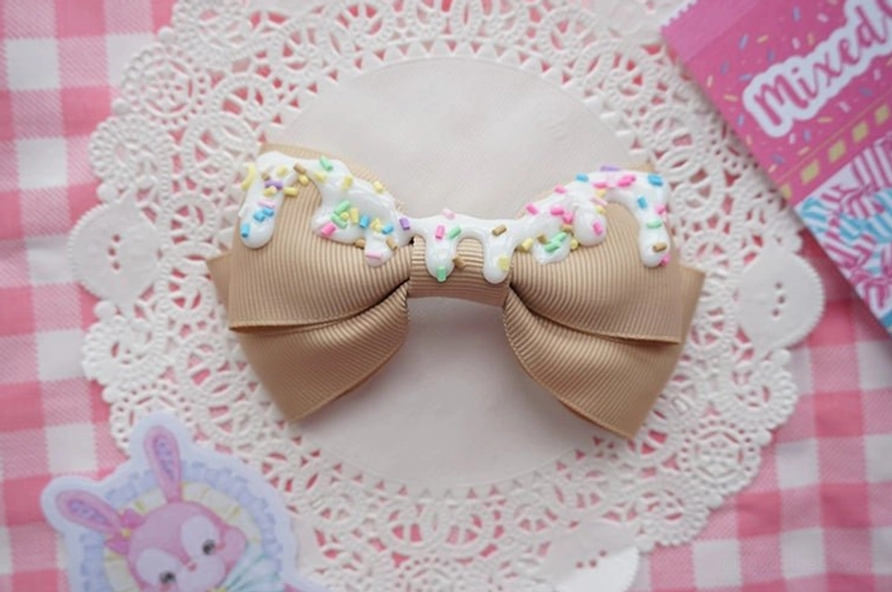 Khaki sweet lolita cream cake bow hair clip with vintage-inspired handmade decoration ideal for autumn lolita aesthetics